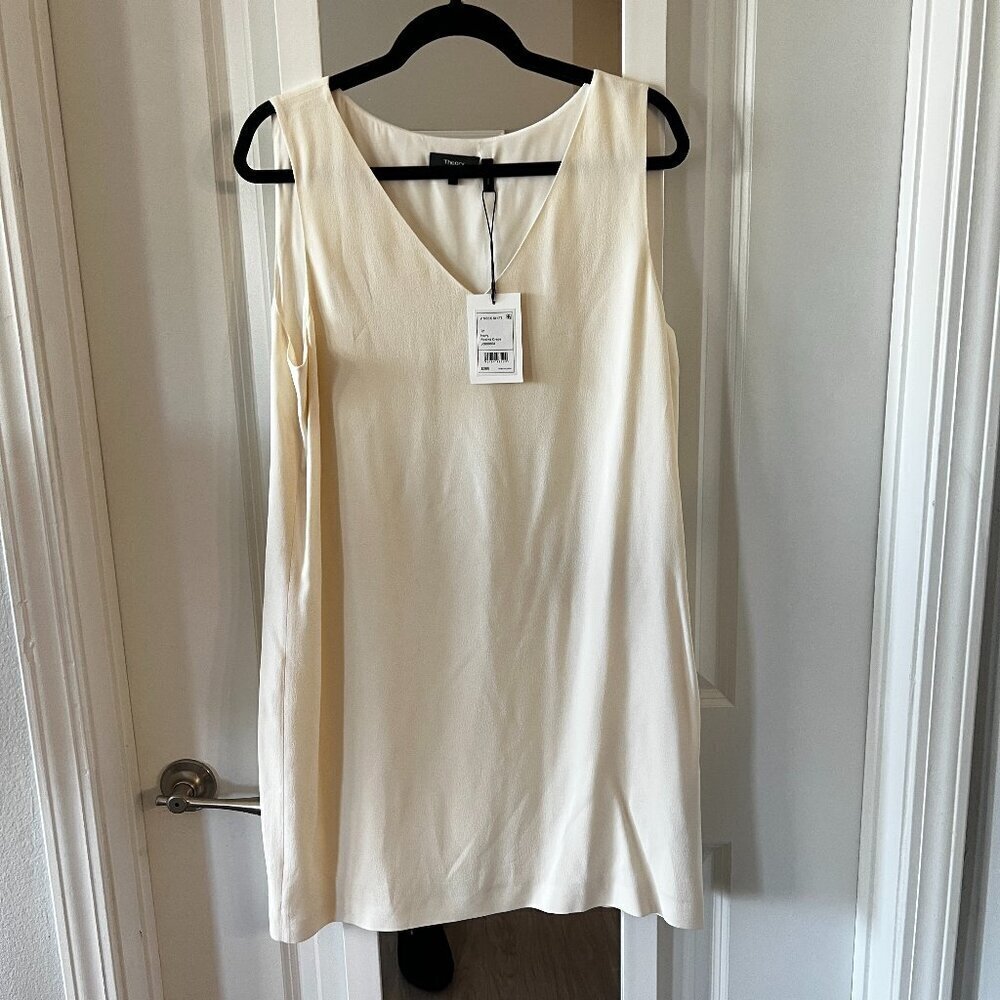 Theory Rosina Crepe V-Neck Shift Dress – Ivory – Size 12 (New With Tags) - Picture 3 of 7